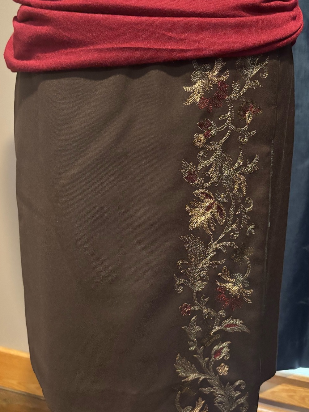 Ann Taylor Brown Pencil Skirt with Red and Gold Embroidery